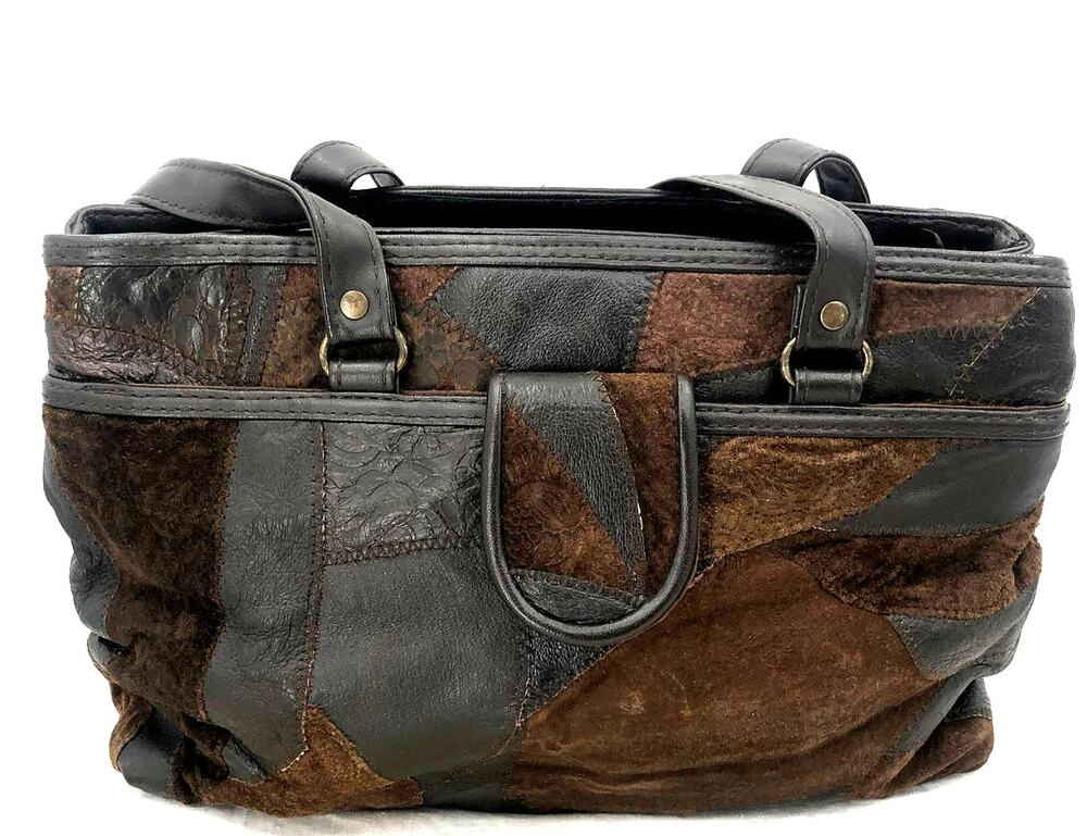 Vintage 1980s Top Handle Brown Leather Patchwork Purse Multi Compartment Handbag